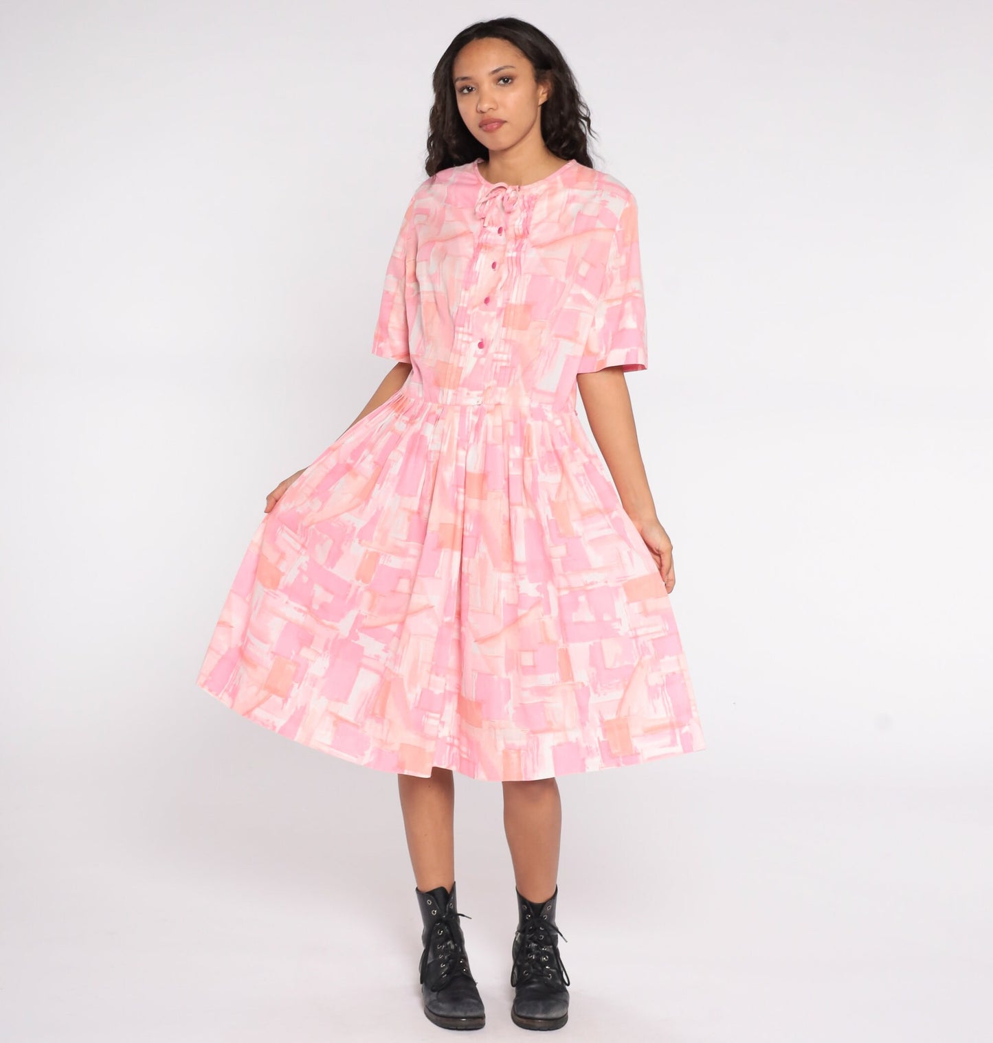 60s Pink Watercolor Geometric Midi Shirtdress Button-Up Pleated Large L