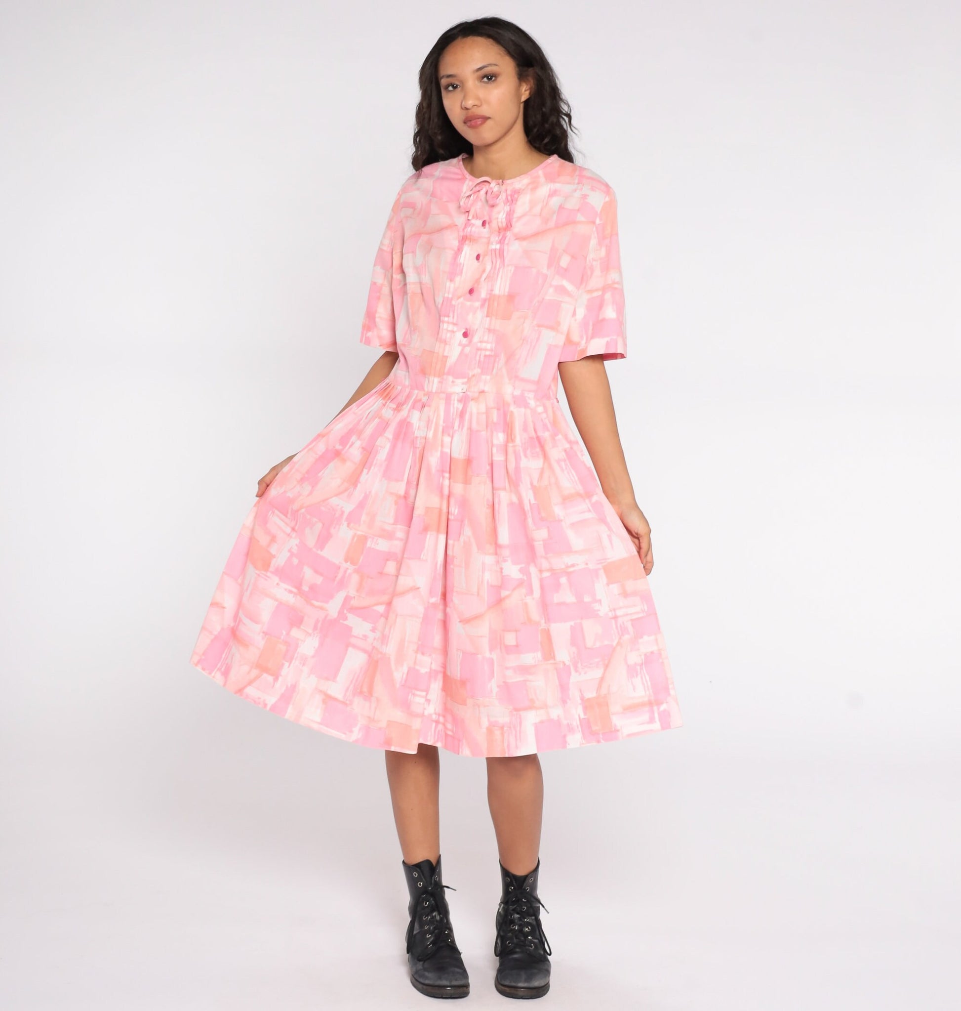 60s Pink Watercolor Geometric Midi Shirtdress Button-Up Pleated Large L