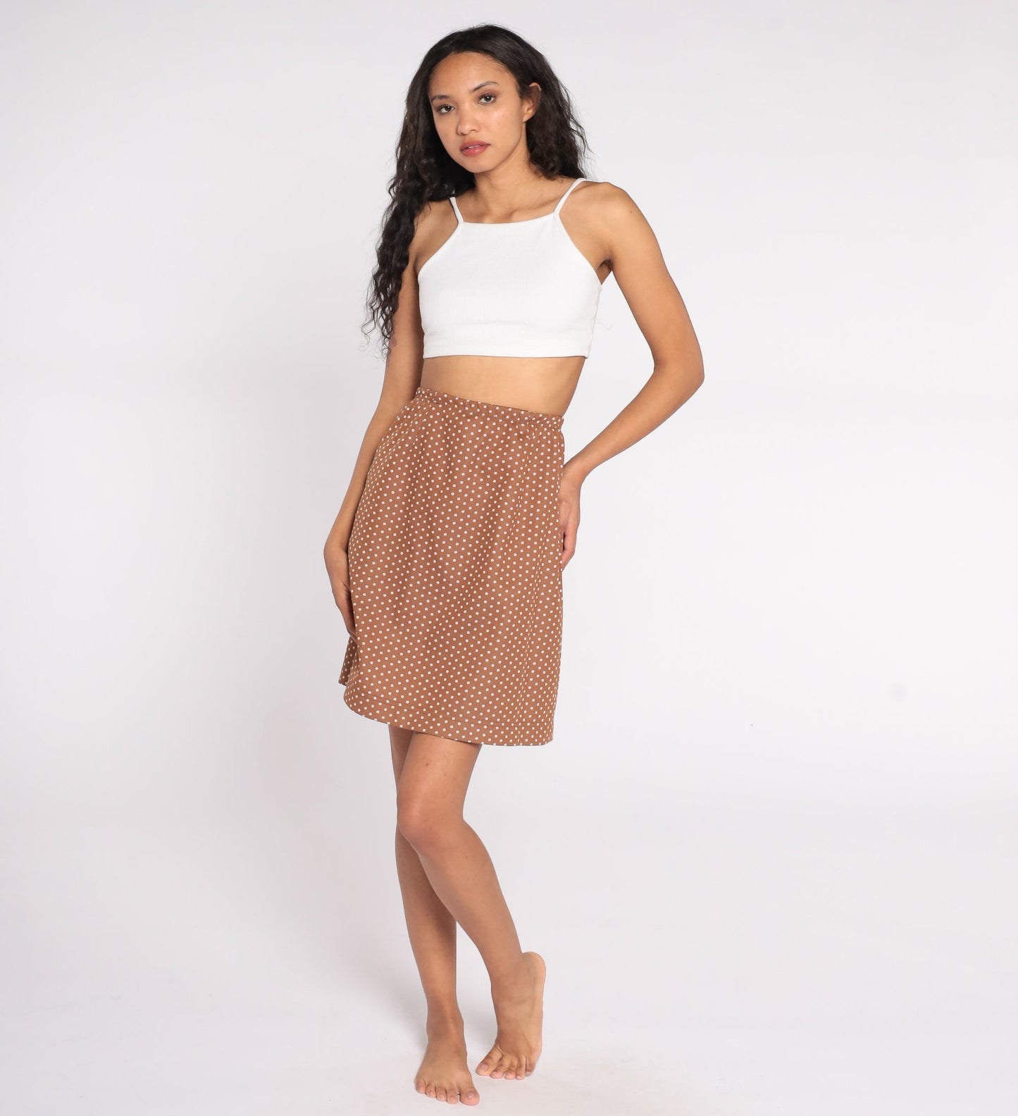 70s Brown Polka Dot Mini Skirt High Waisted Pencil Cut Small S