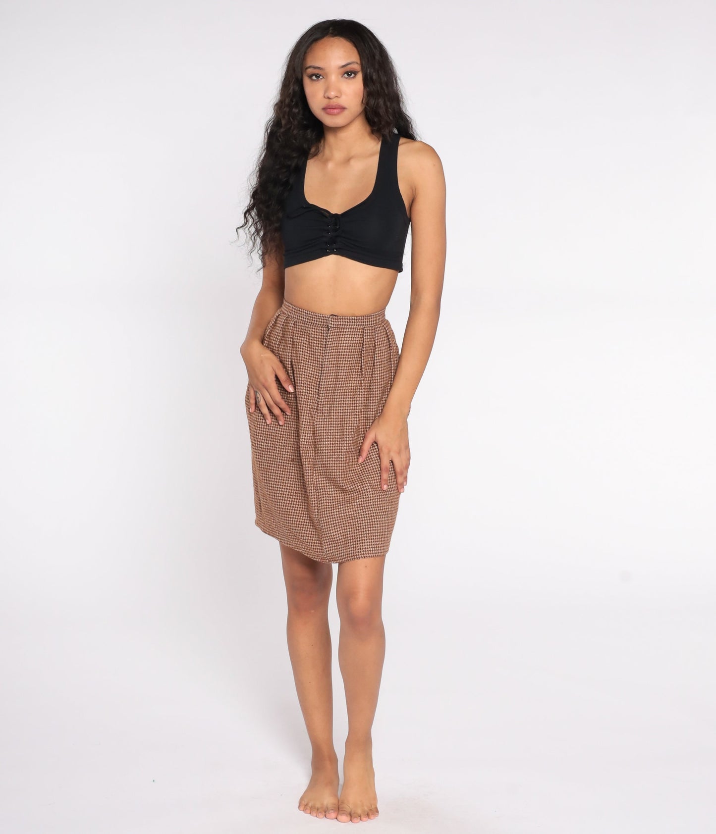 80s Houndstooth Pencil Skirt High Waisted Brown Wool Blend Extra Small