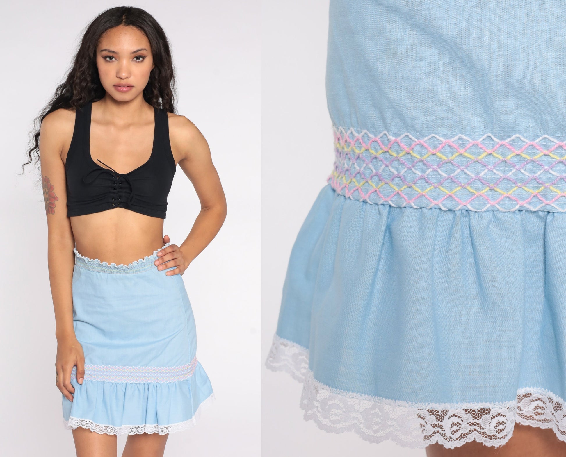 70s Baby Blue Mini Skirt High Waisted Smocked Ruffle Lace Trim Small
