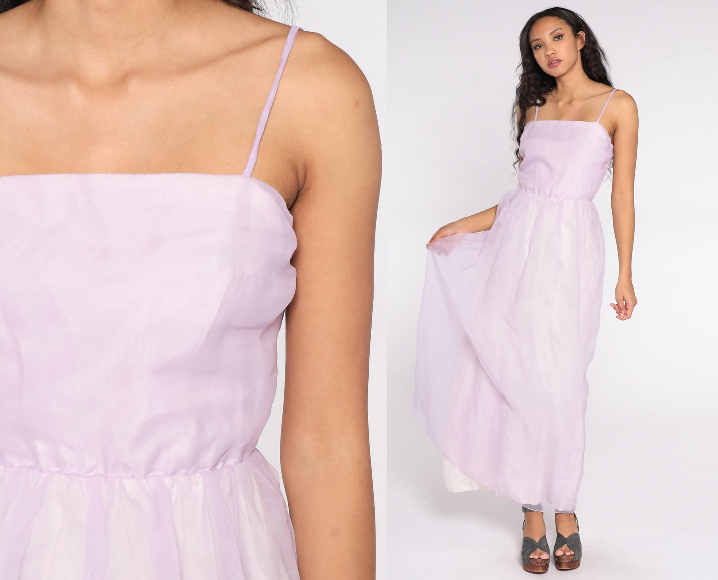 70s Lavender Chiffon Maxi Dress Spaghetti Strap Sleeveless Extra Small XS