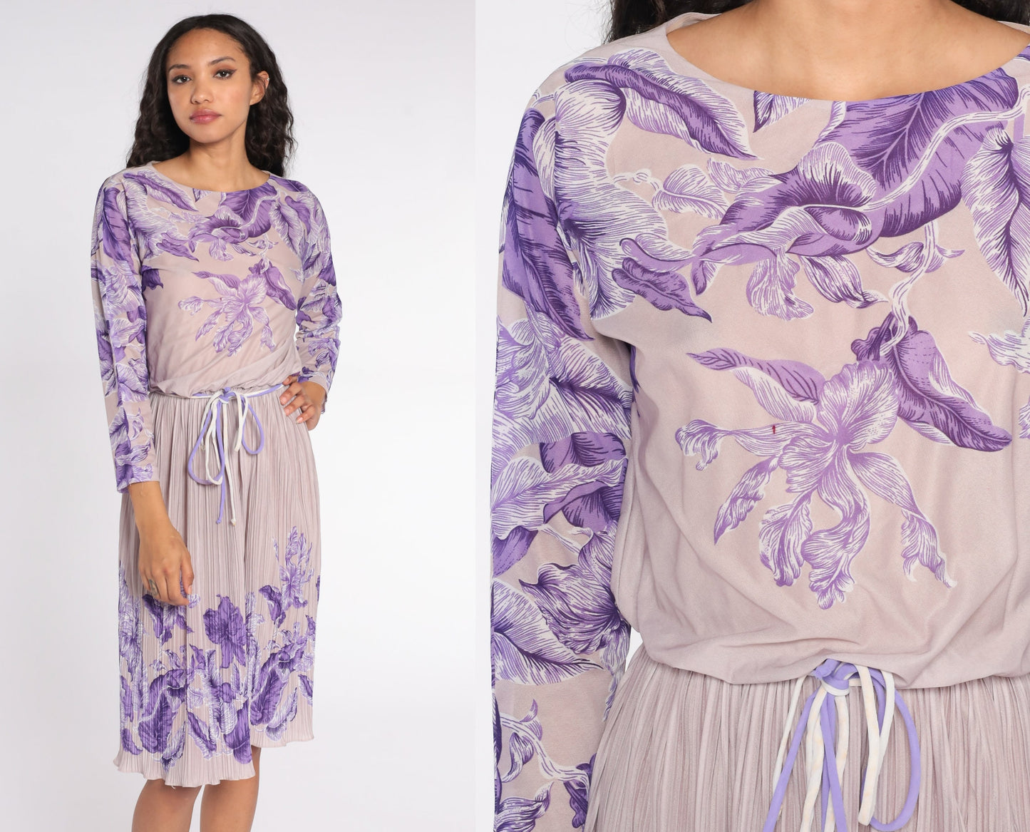70s Lavender Floral Midi Dress High Waist Pleated Long Sleeve Small Medium