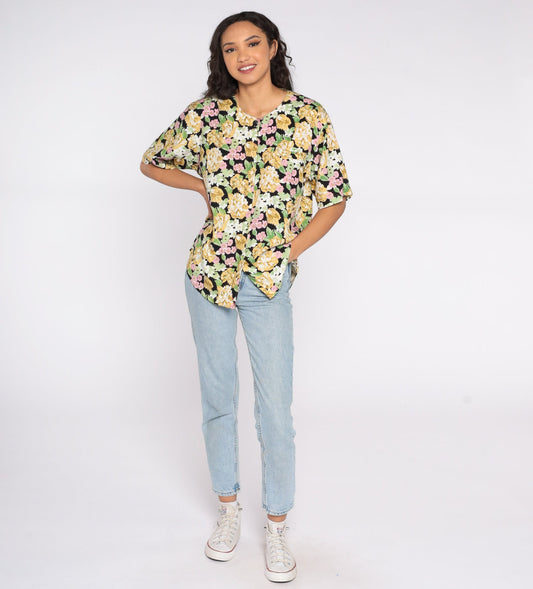 90s Black Floral Button-Up Shirt Short Sleeve Blouse Extra Large XXL