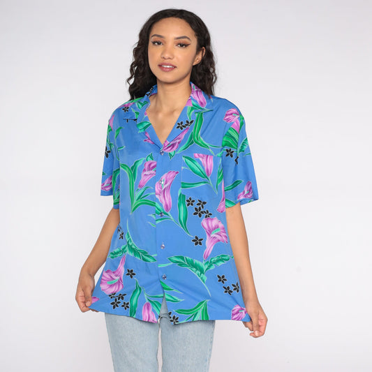 80s Hilo Hattie Tropical Floral Button-Up Shirt Blue Purple Green Large