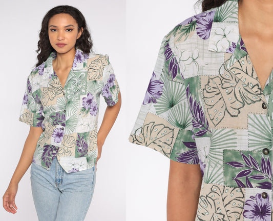 90s Tropical Leaf Print Hawaiian Button-Up Blouse Short Sleeve Extra Large XL