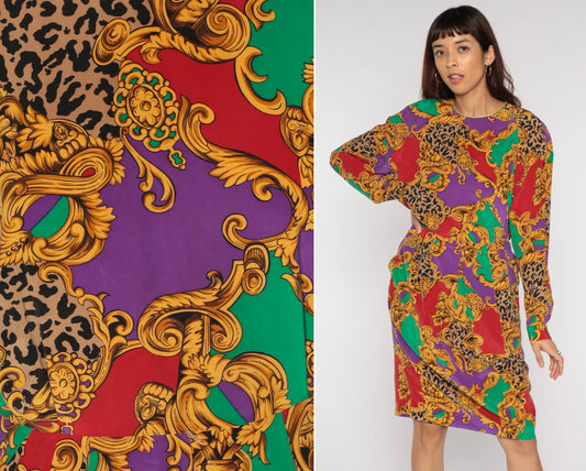 80s Silk Baroque Leopard Print Dress Long Sleeve Pleated Midi Red Purple Medium