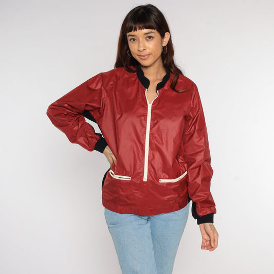 80s Red Nylon Windbreaker Jacket Raglan Sleeve Zip Bomber Large L