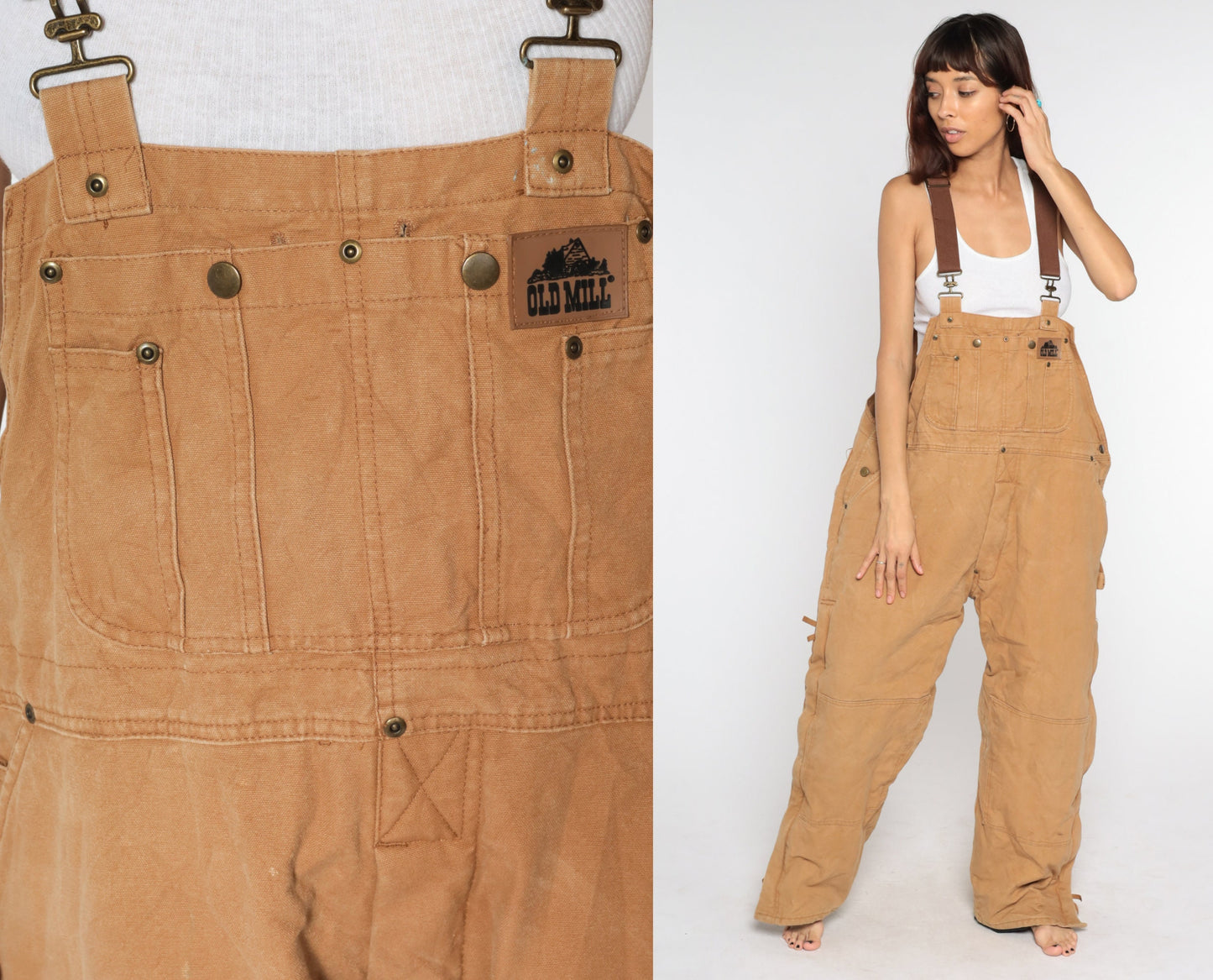 90s Old Mill Quilted Cotton Overalls Brown Workwear Bib Dungarees Large