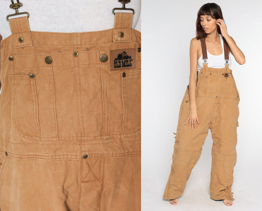 90s Old Mill Quilted Cotton Overalls Brown Workwear Bib Dungarees Large
