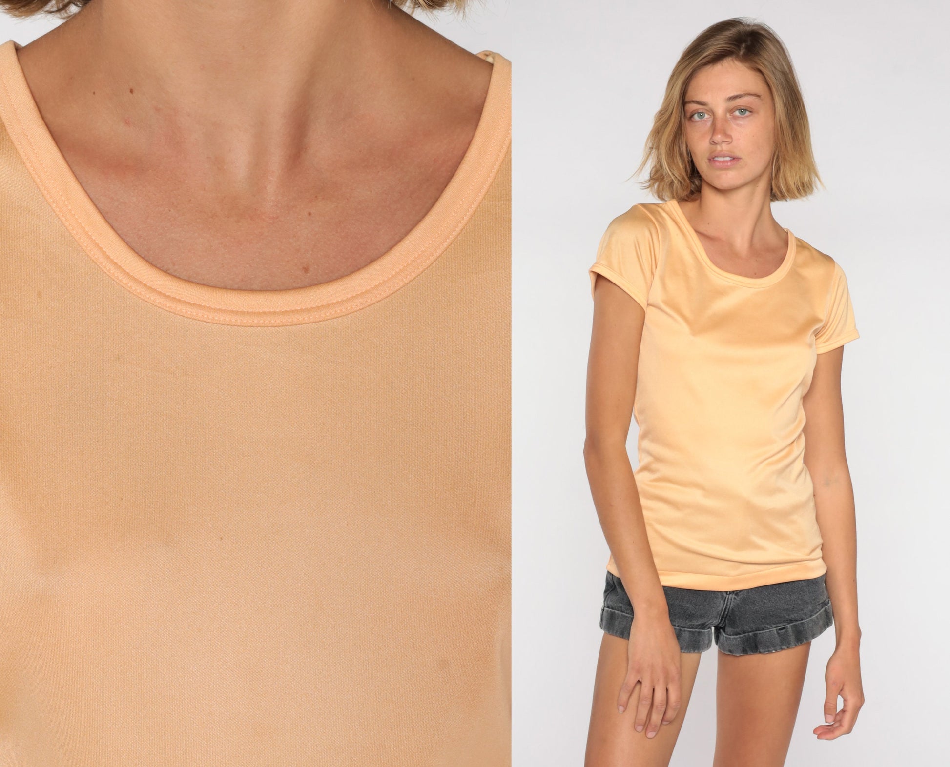 80s Peach Scoop Neck T-Shirt Shiny Polyester Short Sleeve Small