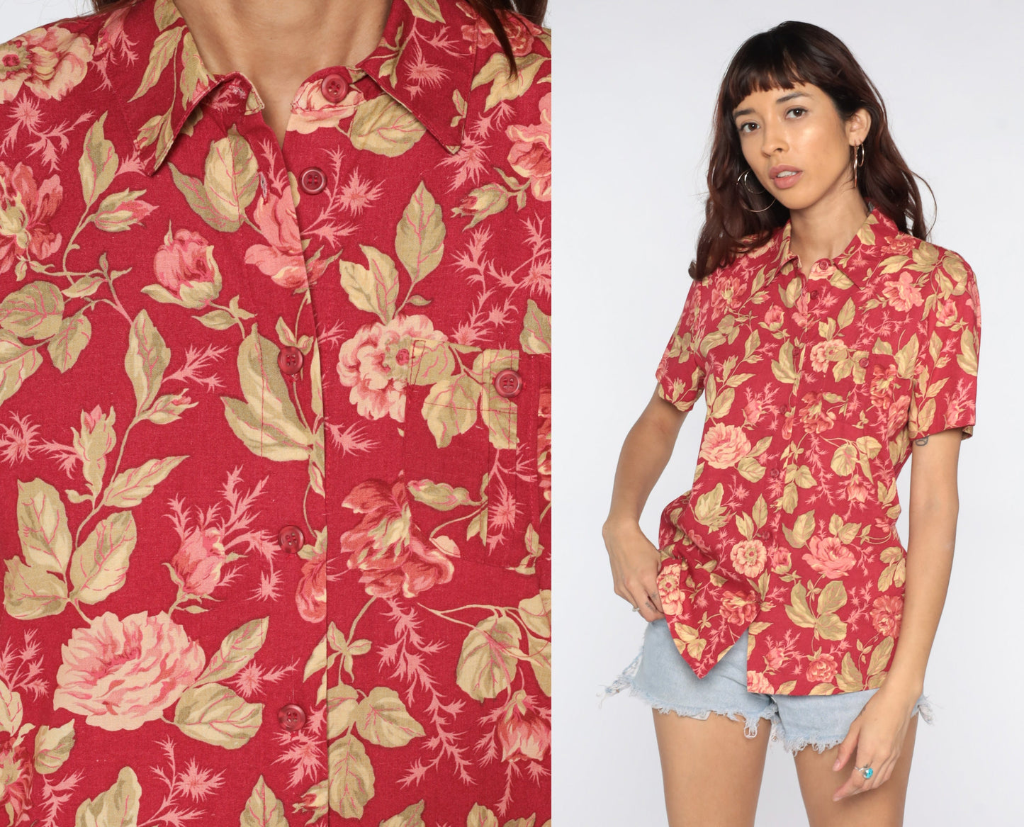 90s Red Floral Rayon Button-Up Blouse Short Sleeve Small