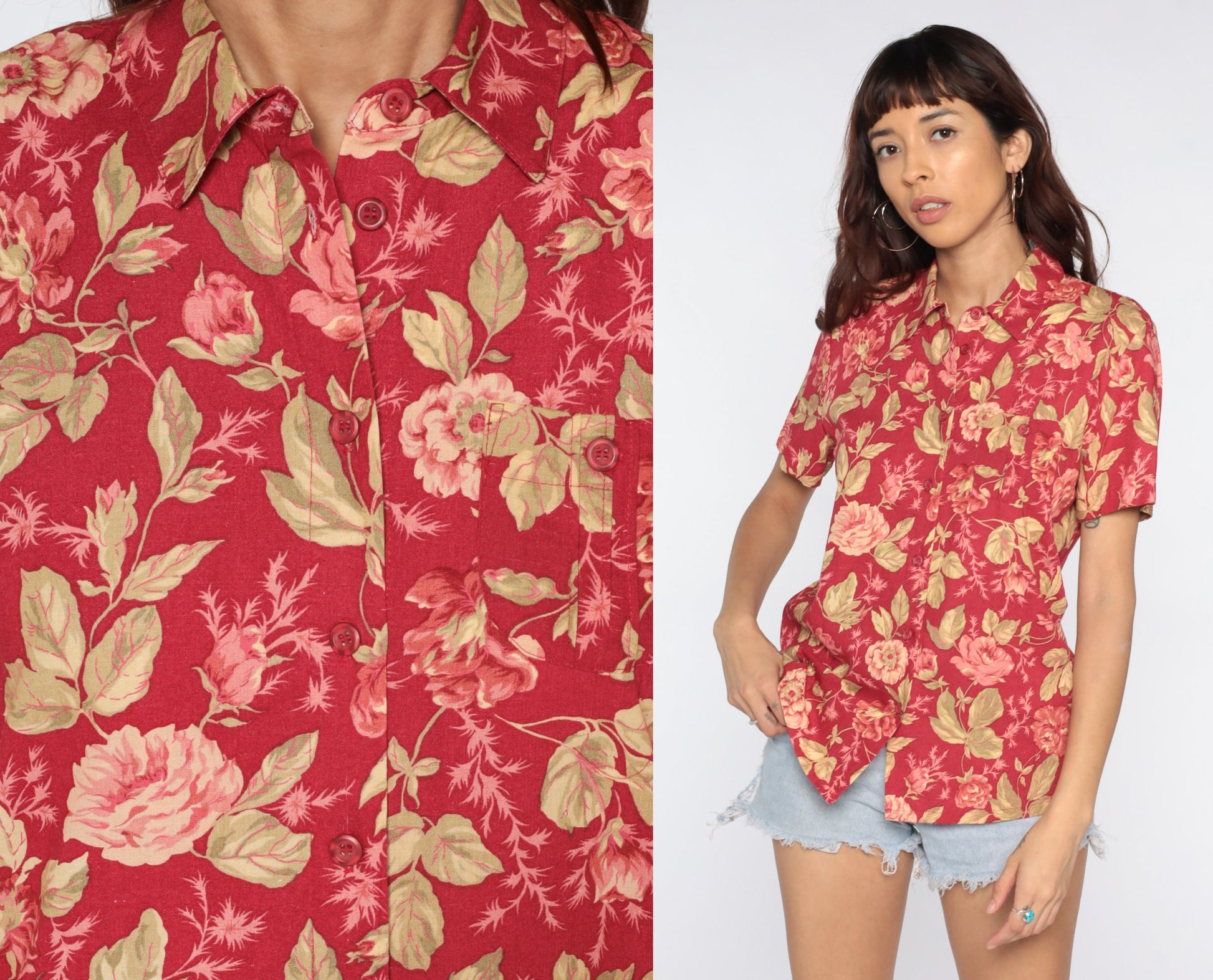 90s Red Floral Rayon Button-Up Blouse Short Sleeve Small