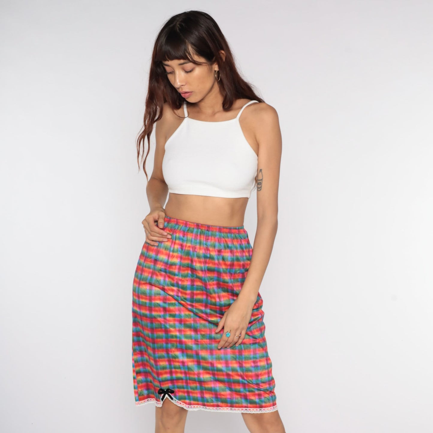 70s Checkered Nylon Half Slip Lingerie Skirt Lace Trim Green Pink Red Medium