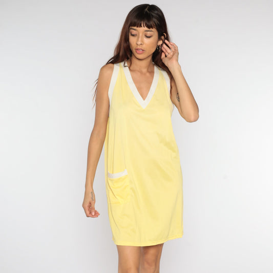 70s Yellow Shift Dress Mini Nylon Lounge White Trim V-Neck Medium