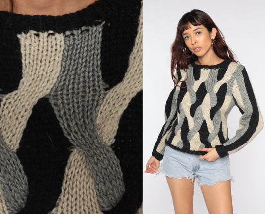 80s Striped Knit Sweater Black Cream Woven Pullover Small