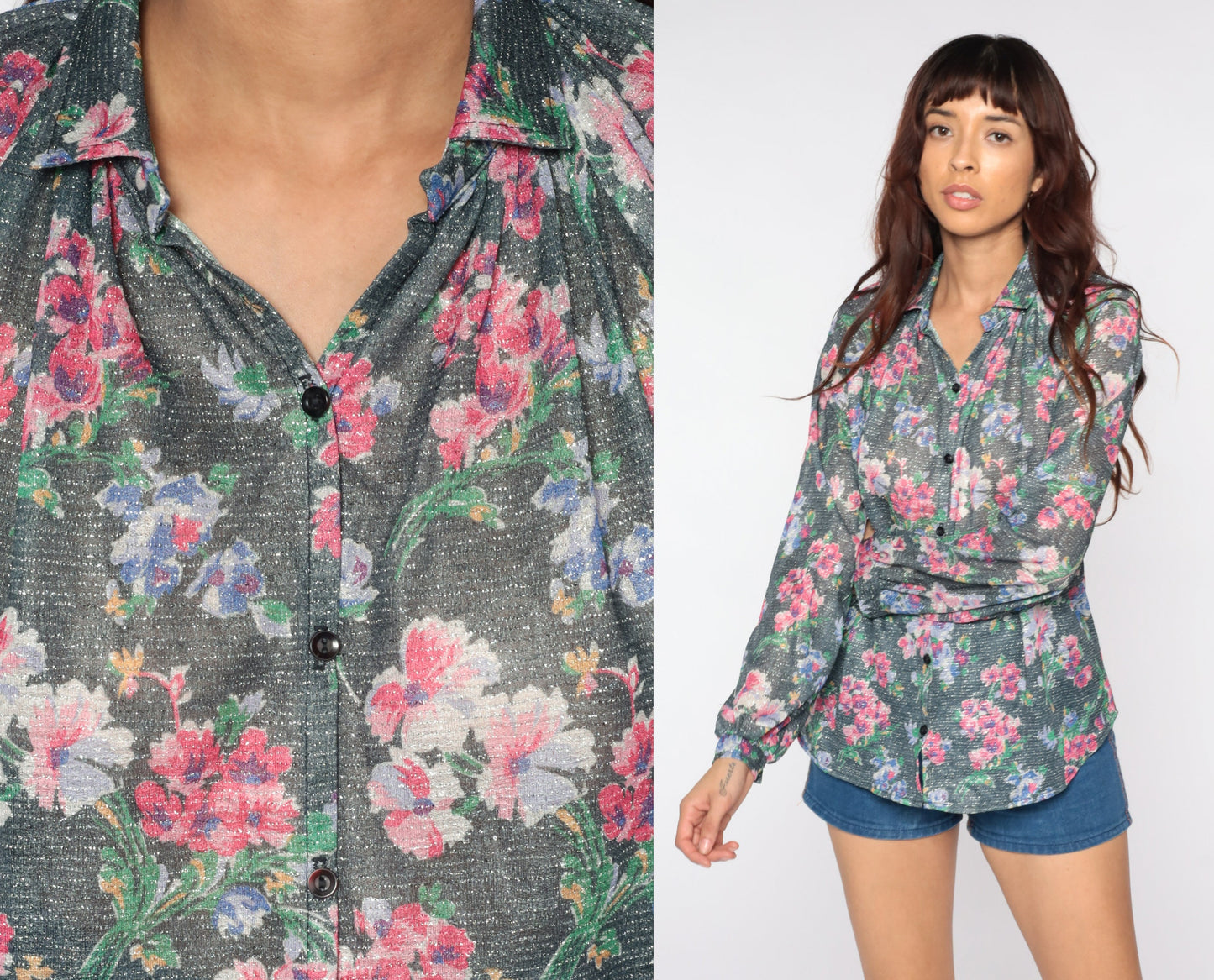 70s Silver Floral Button-Up Blouse Metallic Raglan Sleeve Shirt Large L