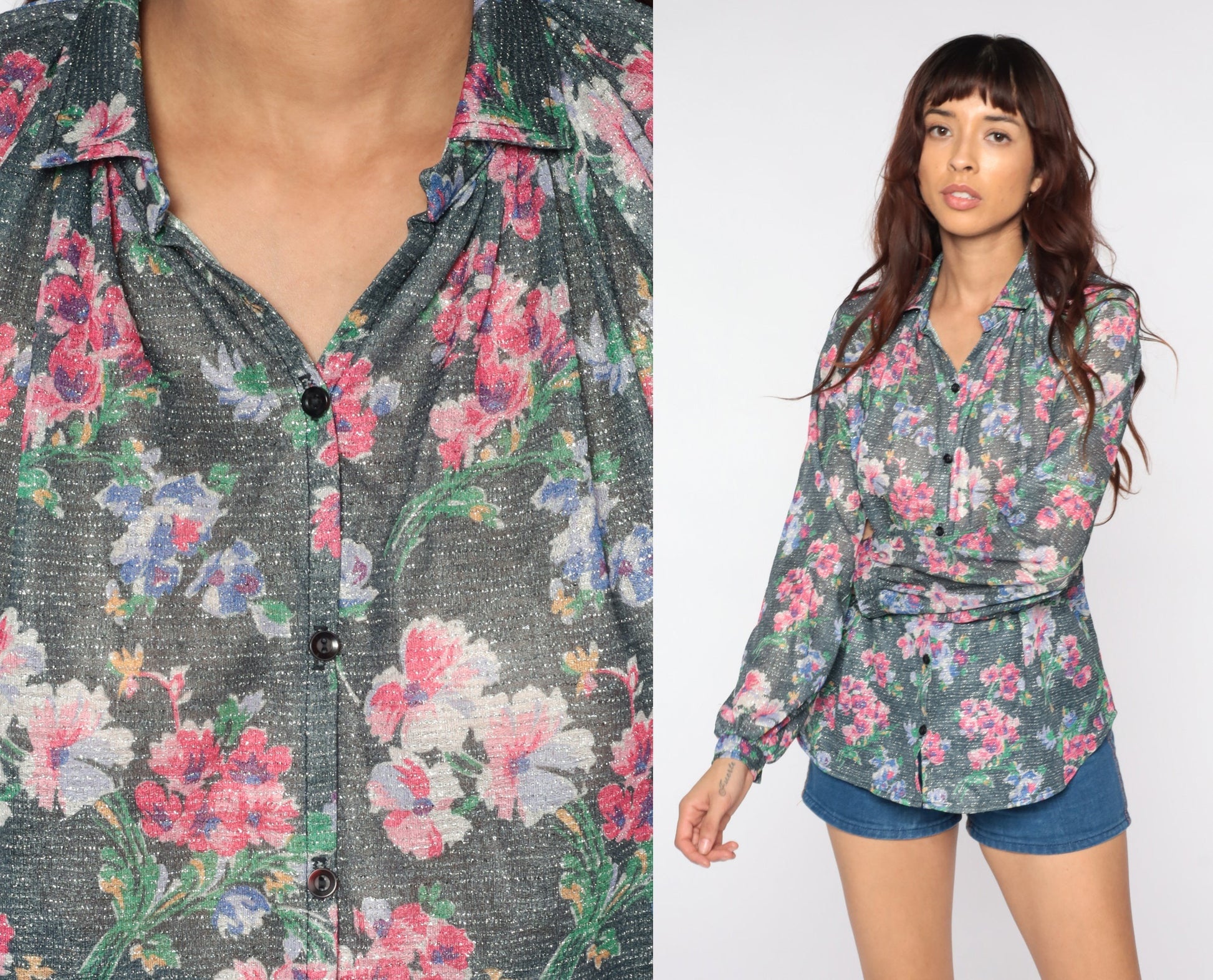 70s Silver Floral Button-Up Blouse Metallic Raglan Sleeve Shirt Large L