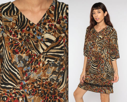 80s Animal Print Mini Shift Dress Brown 3/4 Sleeve Small