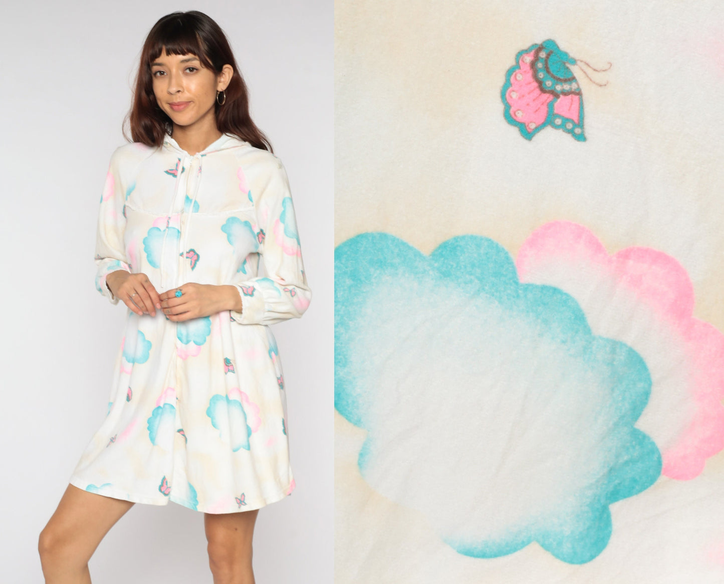 70s Hooded Lounge Dress Mini Butterfly Cloud Print Shift Beige White Small