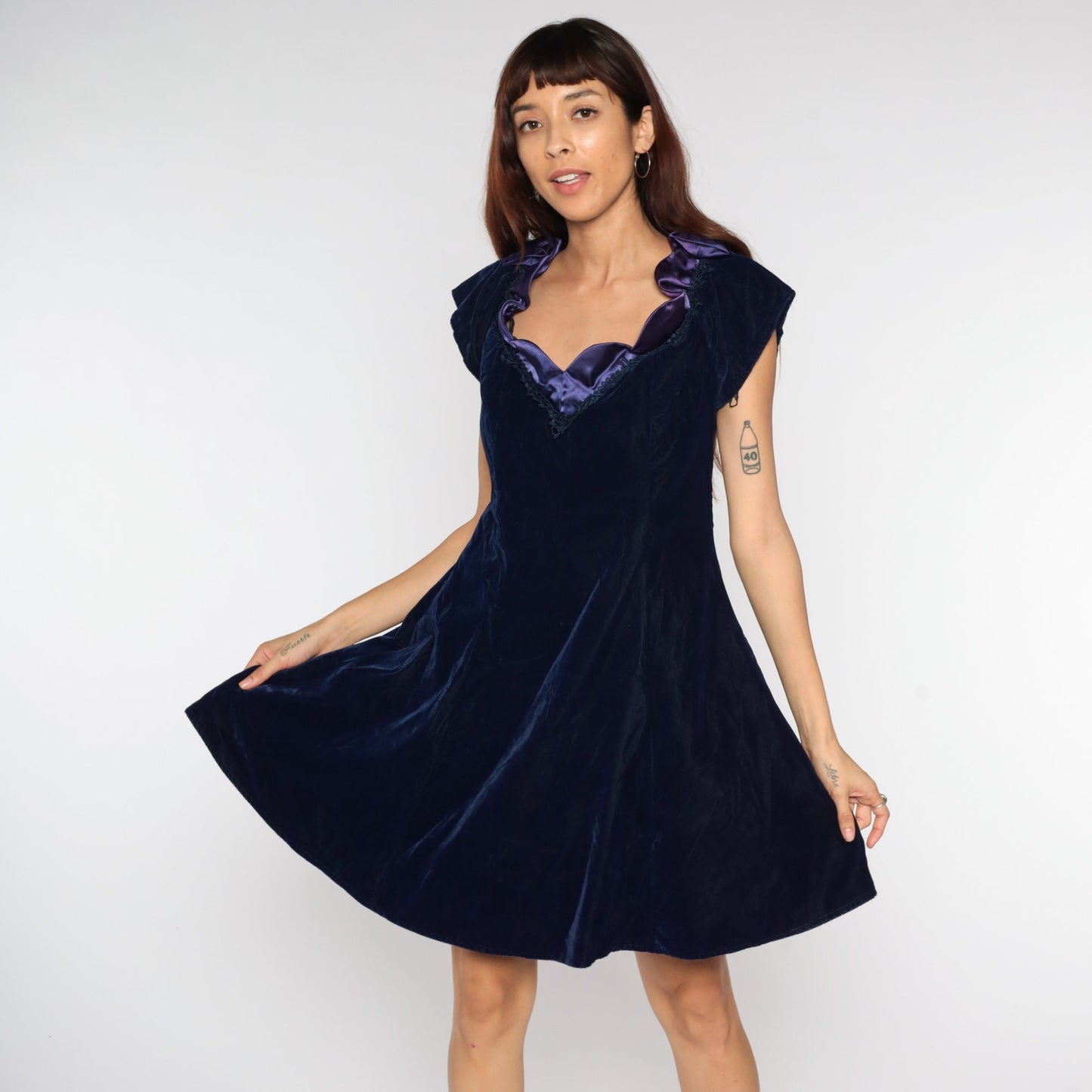 80s Navy Velvet Mini Dress Purple Ruffle Collar Cap Sleeve Medium