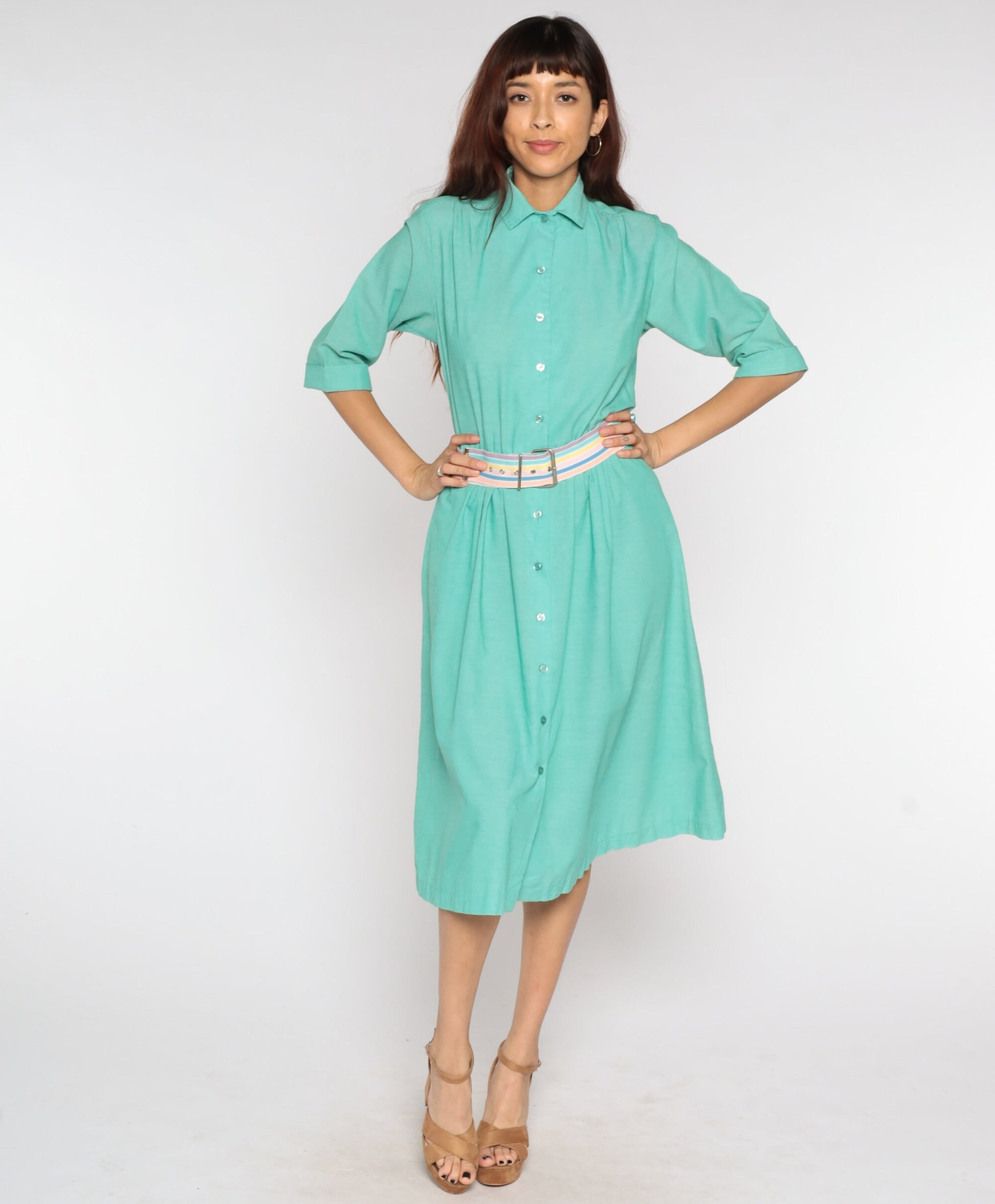 80s Green Shirtwaist Midi Dress High Waist Button Up 3/4 Sleeve Medium Petite