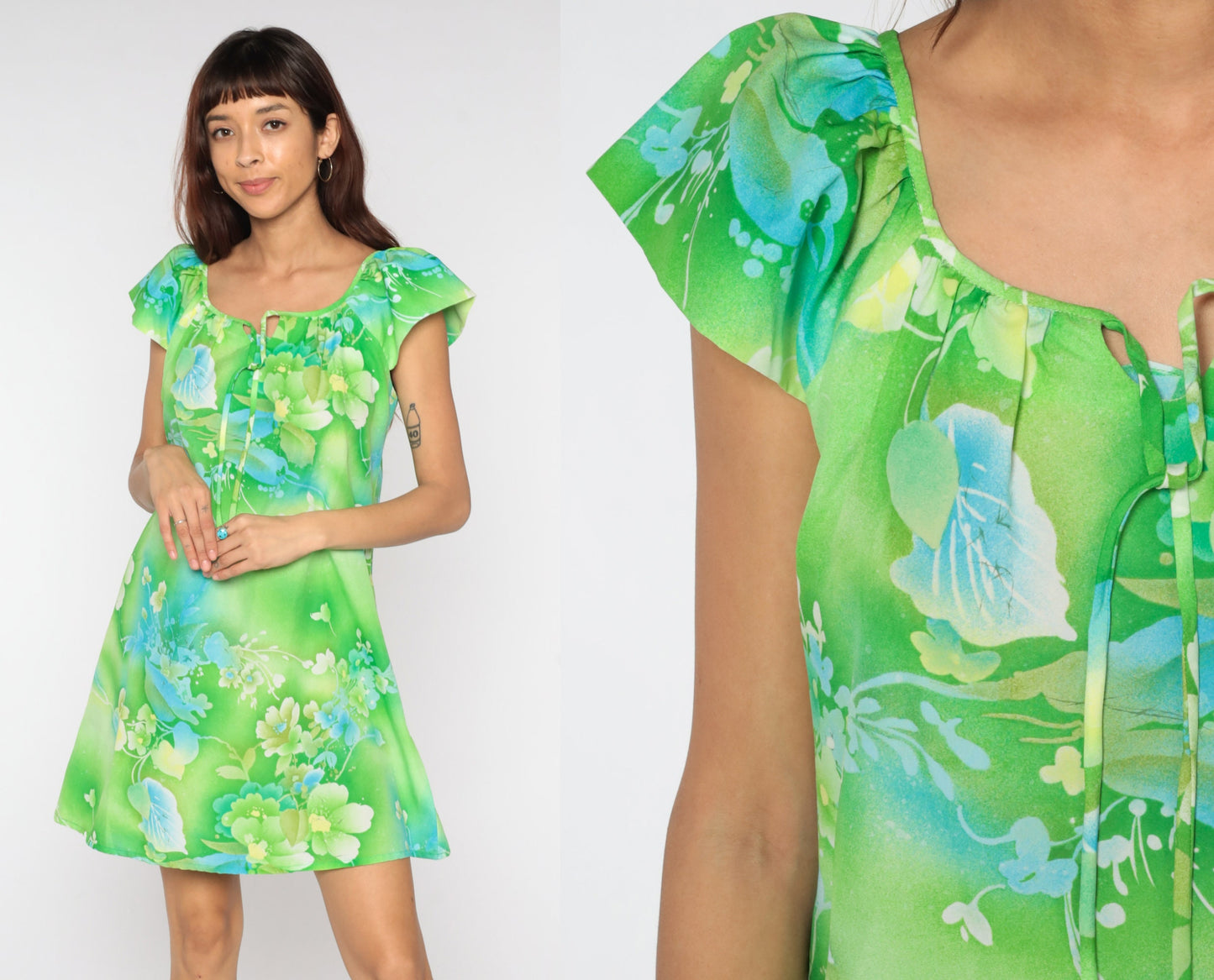 60s Green Floral Shift Dress Mini Neck Tie Flutter Sleeve Medium