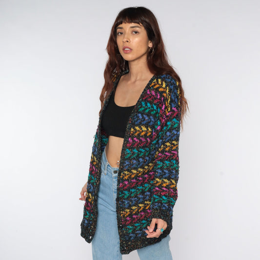 80s Metallic Geometric Cardigan Black Rainbow Sparkly Knit Small