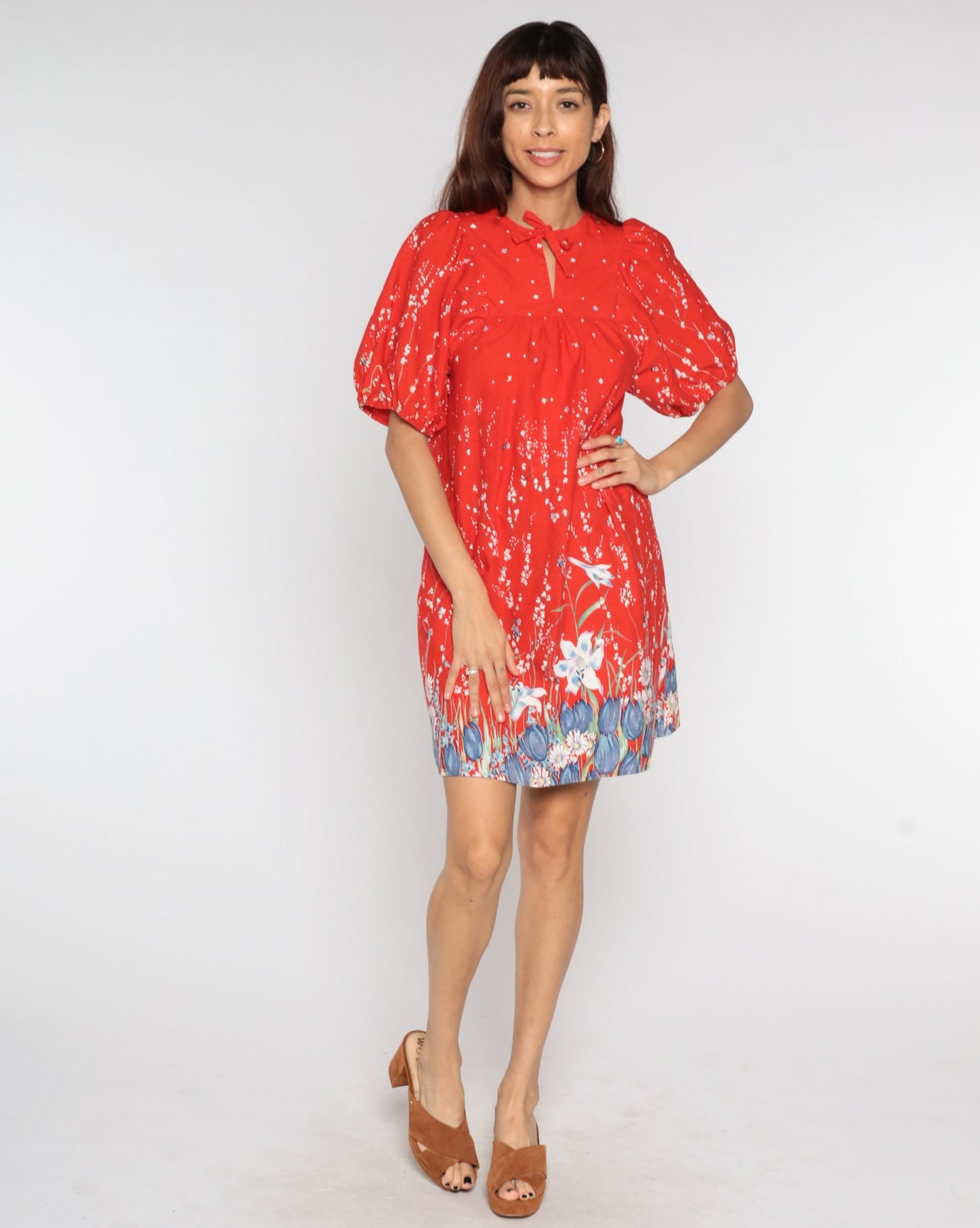 70s Floral Mini Dress Red Puff Sleeve Shift Keyhole Small