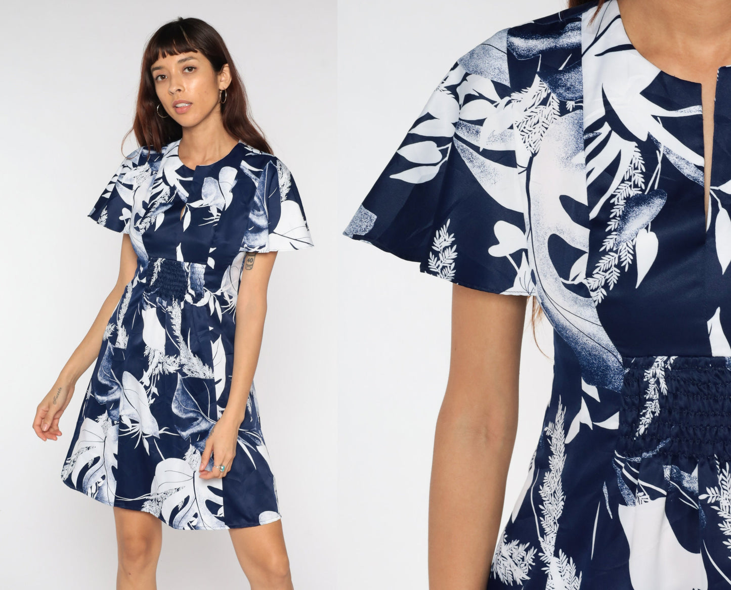 70s Babydoll Mini Dress Navy Leaf Print Empire Waist Flutter Sleeve Small