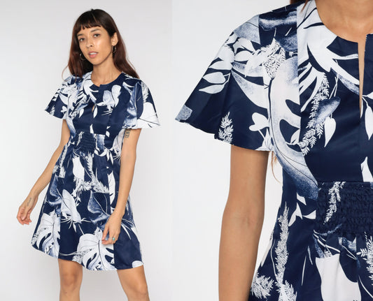 70s Babydoll Mini Dress Navy Leaf Print Empire Waist Flutter Sleeve Small