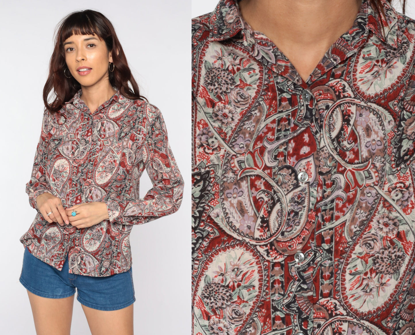 80s Paisley Button-Up Blouse Long Sleeve Psychedelic Print Medium