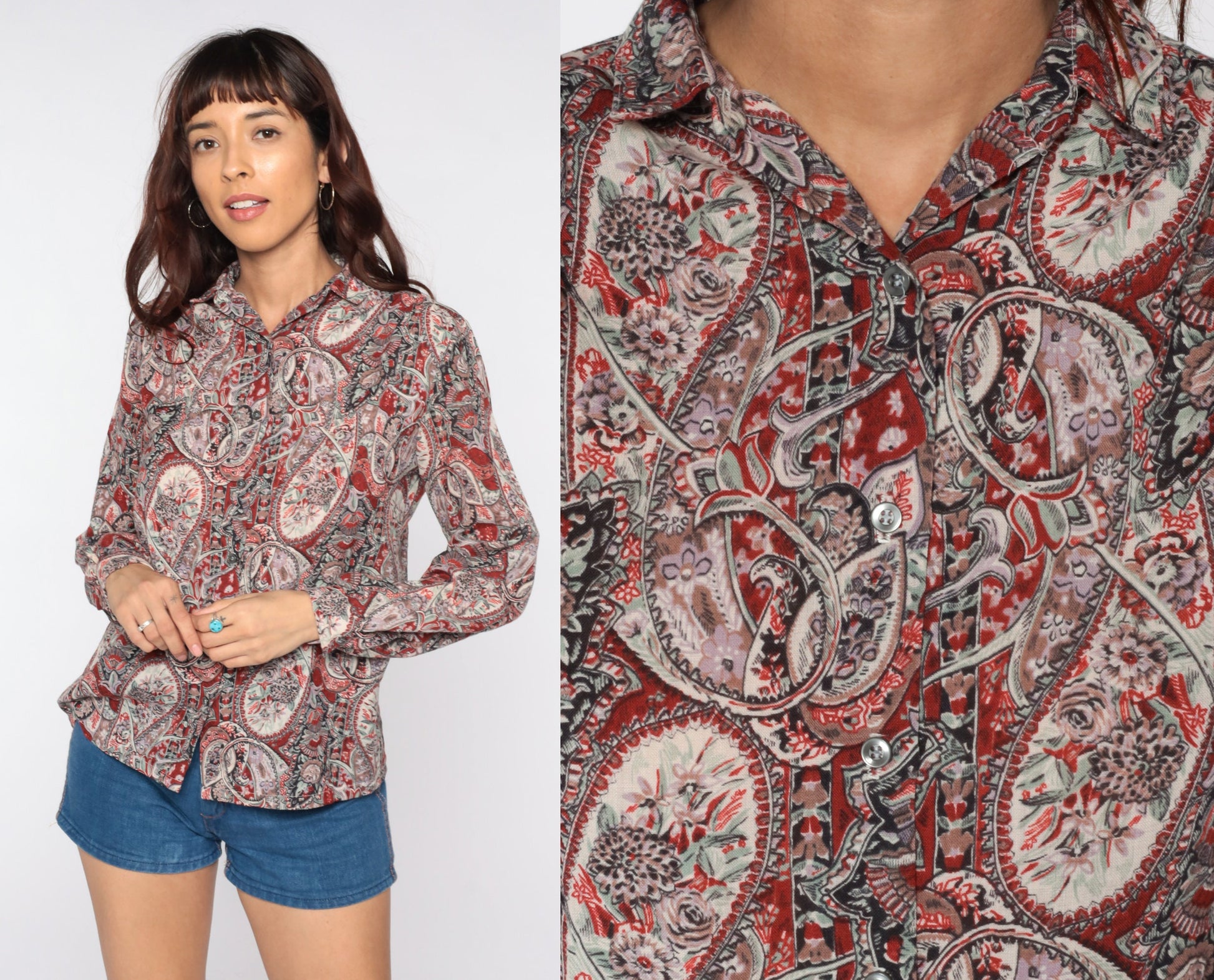 80s Paisley Button-Up Blouse Long Sleeve Psychedelic Print Medium
