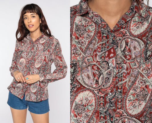 80s Paisley Button-Up Blouse Long Sleeve Psychedelic Print Medium