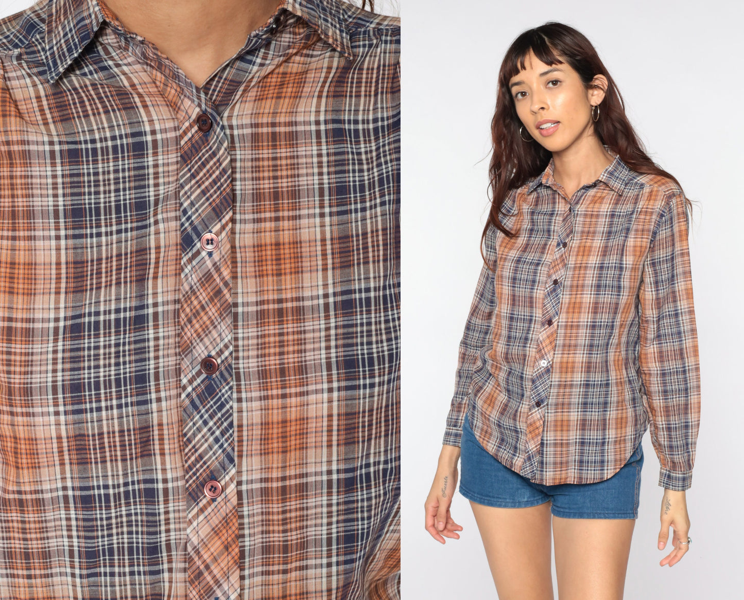 80s Plaid Button-Up Shirt Blue Brown Checkered Long Sleeve Small