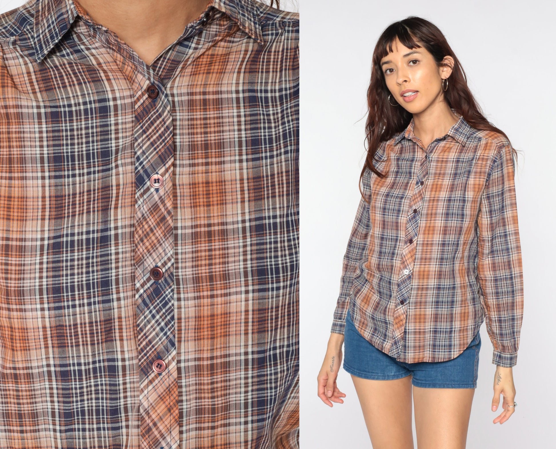 80s Plaid Button-Up Shirt Blue Brown Checkered Long Sleeve Small