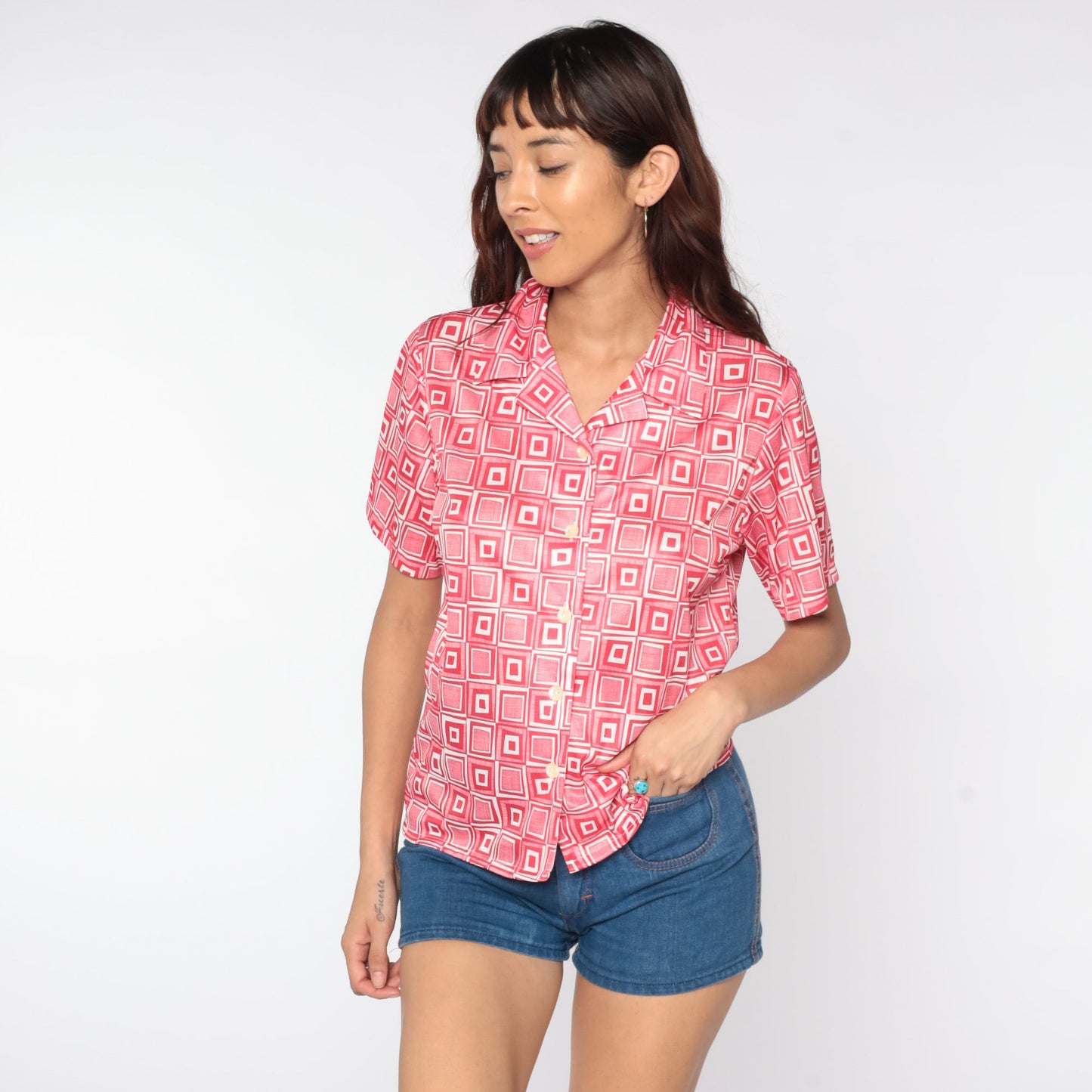 70s Geometric Print Button-Up Blouse Red White Psychedelic Collar Shirt Small