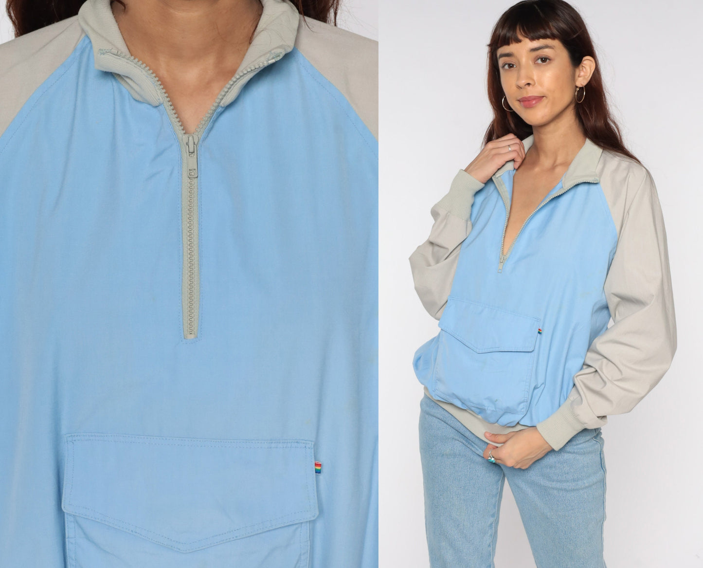 80s Baby Blue Taupe Raglan Windbreaker Half Zip Pullover Jacket Large