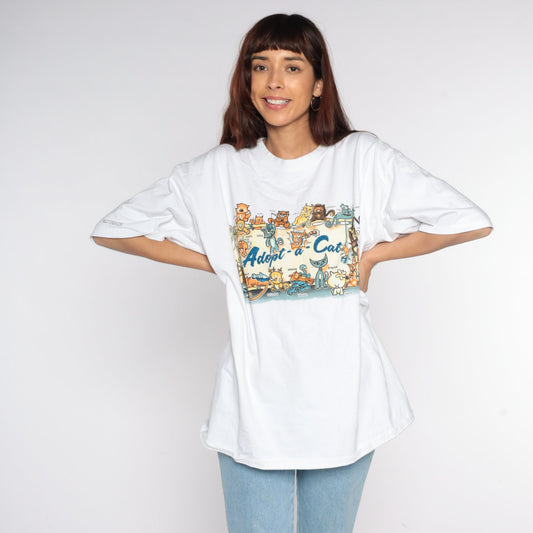 90s Adopt A Cat Graphic T-Shirt White Cotton Tee Extra Large XL