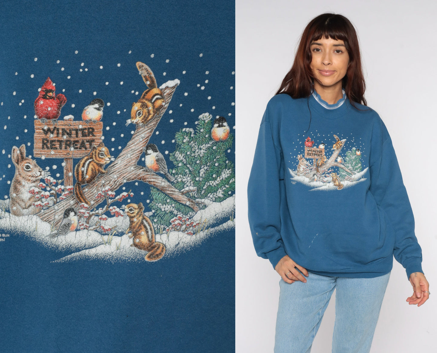 80s Winter Animal Graphic Sweatshirt Blue Mock Neck Bunny Squirrel Birds Large L