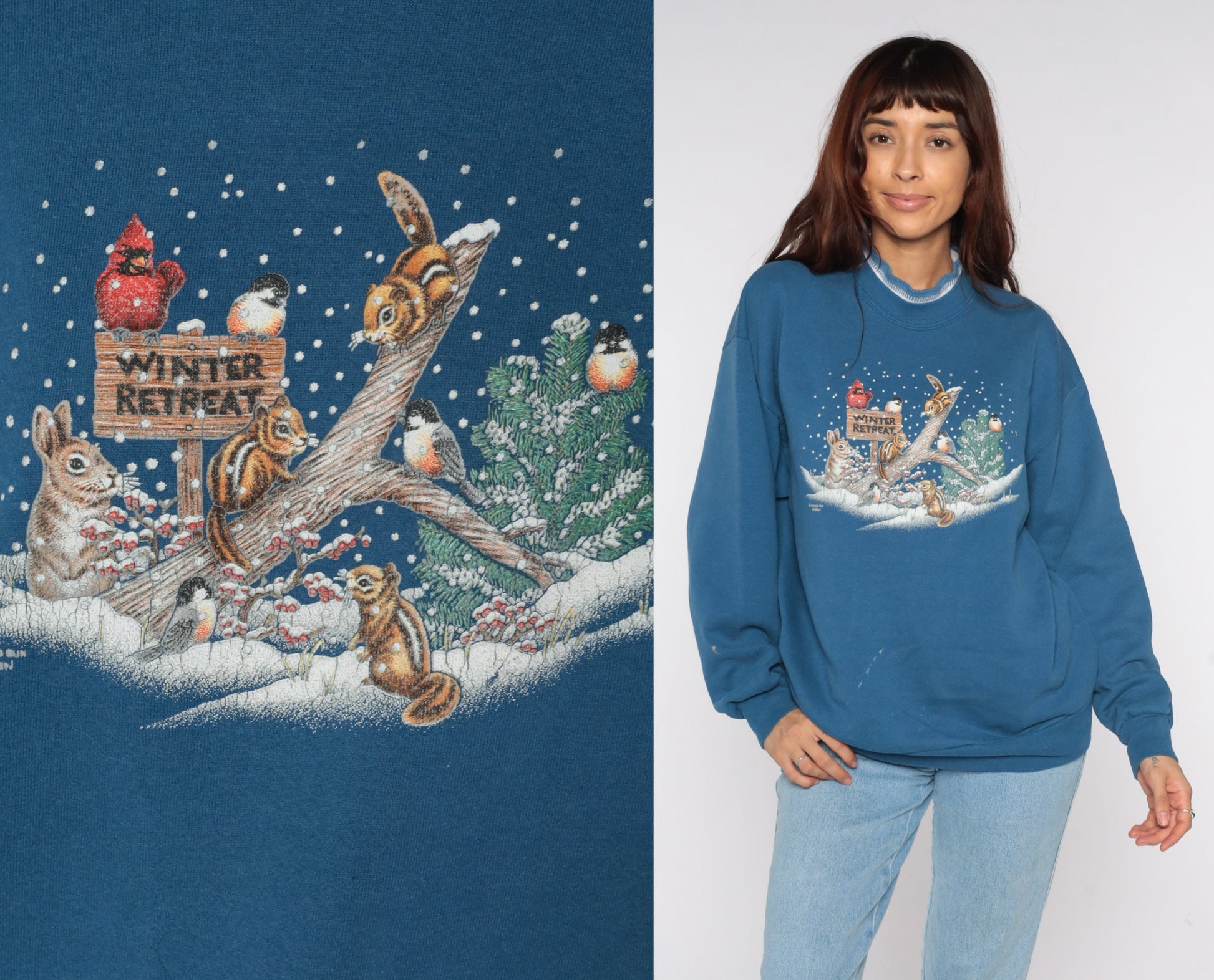 80s Winter Animal Graphic Sweatshirt Blue Mock Neck Bunny Squirrel Birds Large L