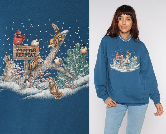 80s Winter Animal Graphic Sweatshirt Blue Mock Neck Bunny Squirrel Birds Large L