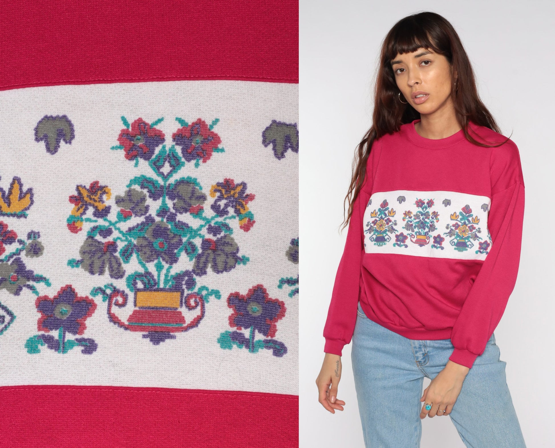 80s Floral Graphic Sweatshirt Deep Pink Crewneck Medium M