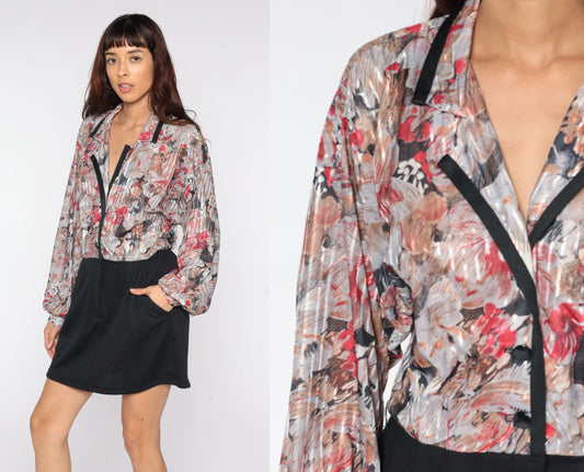70s Floral Mini Dress Black Skirt Collared Button-Up Long Sleeve Medium