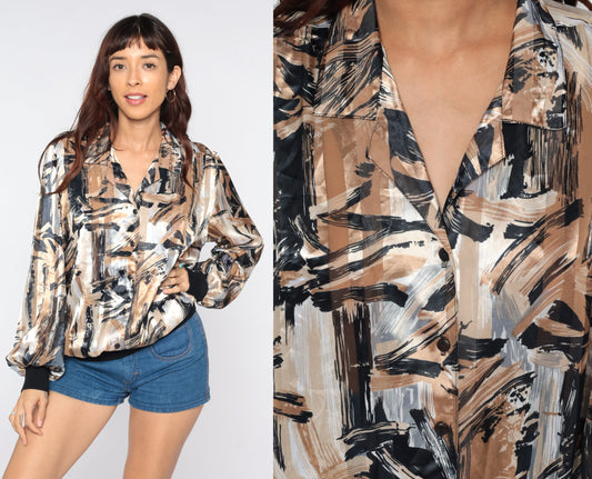 80s Brushstroke Striped Button-Up Blouse Black Brown Shiny Print Large L