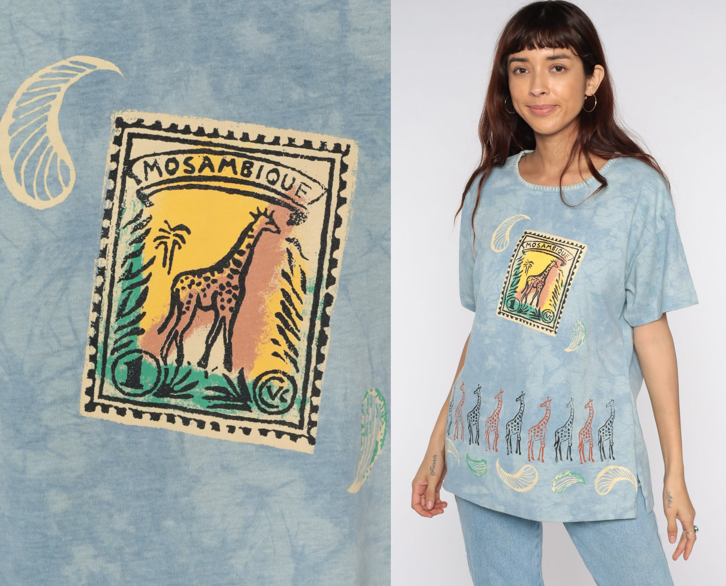 90s Mozambique Giraffe Tie Dye T-Shirt Blue Stamp Print Medium