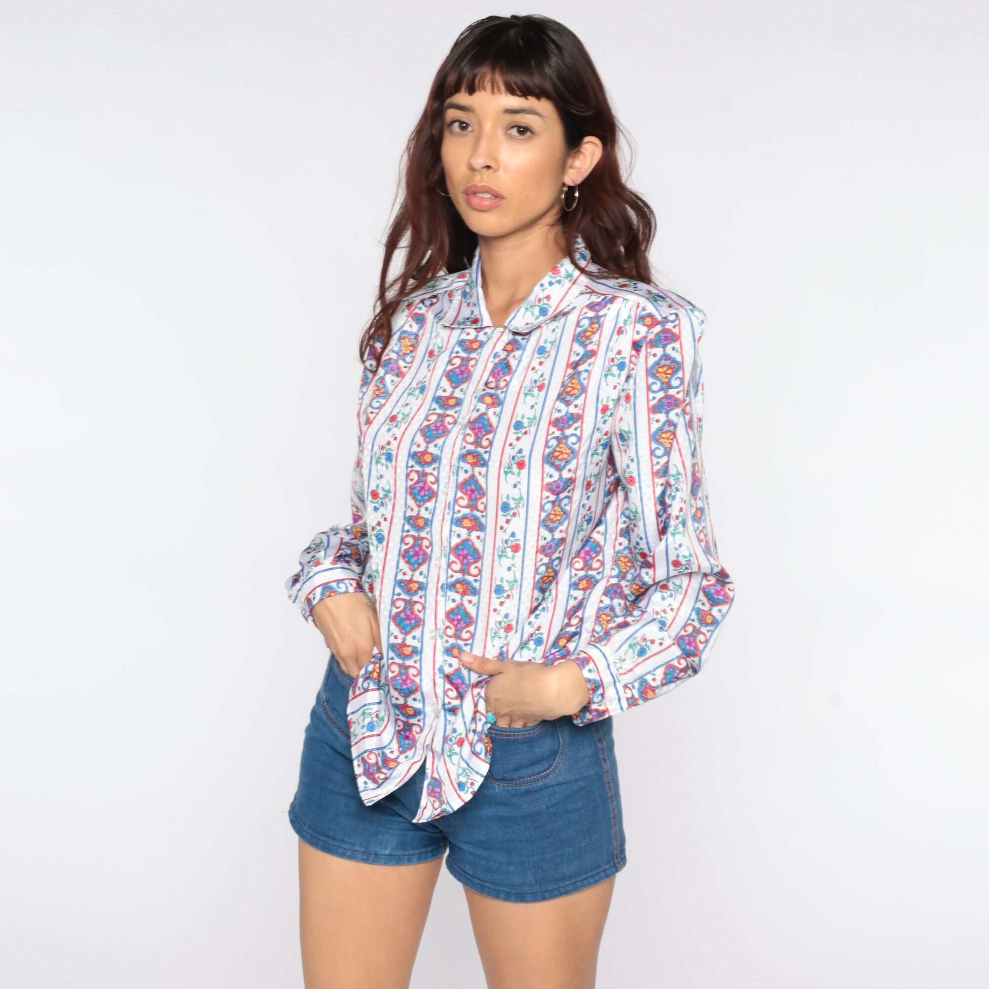 80s White Embossed Floral Button-Up Blouse Long Sleeve Extra Large XL