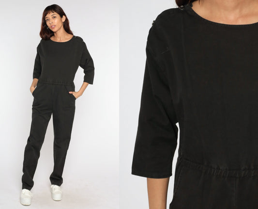 80s Black Jumpsuit High Waisted Tapered 3/4 Sleeve Playsuit Small Medium