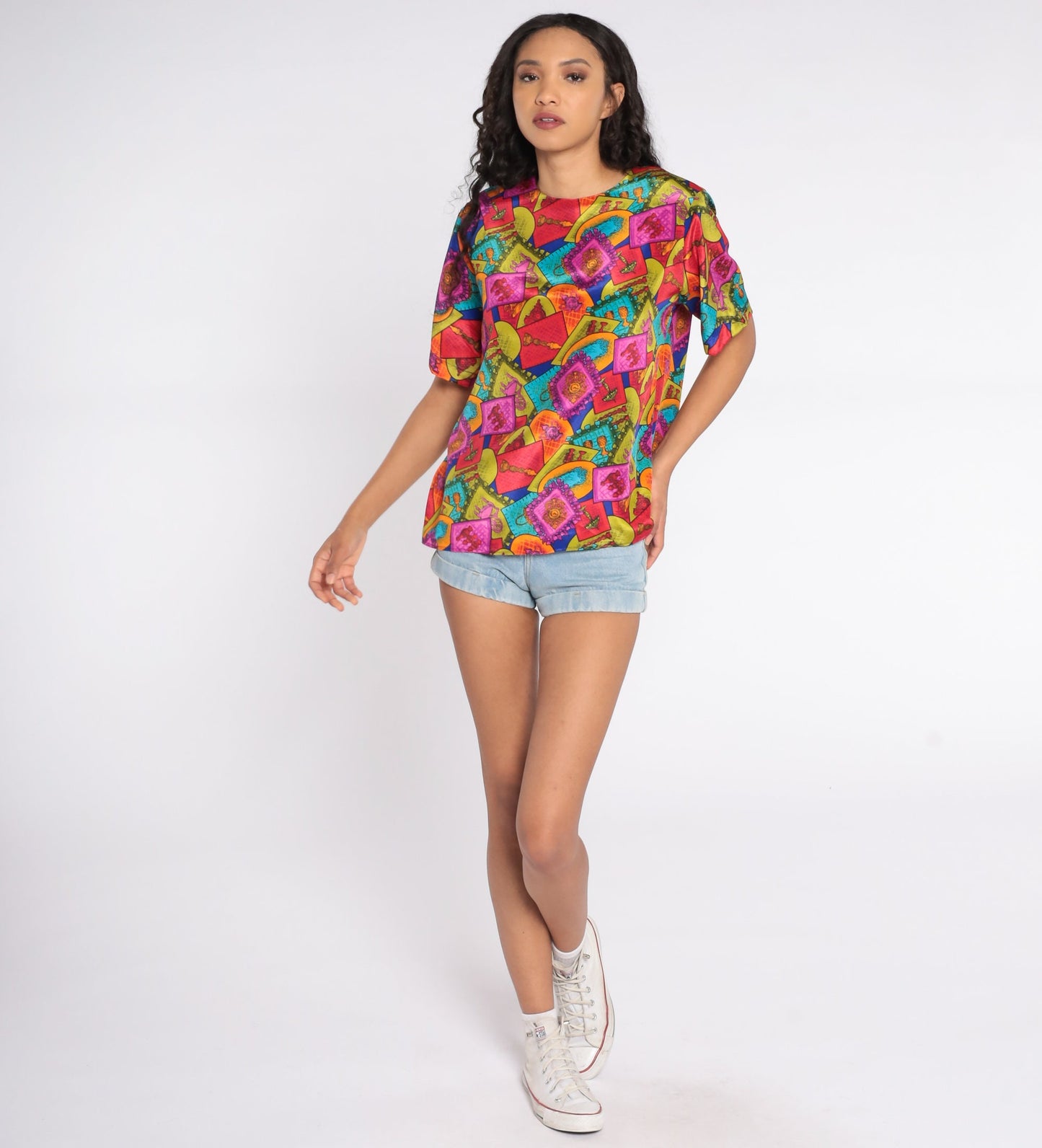 80s Geometric Furniture Print Blouse Cap Sleeve Multicolor Statement Top Large L