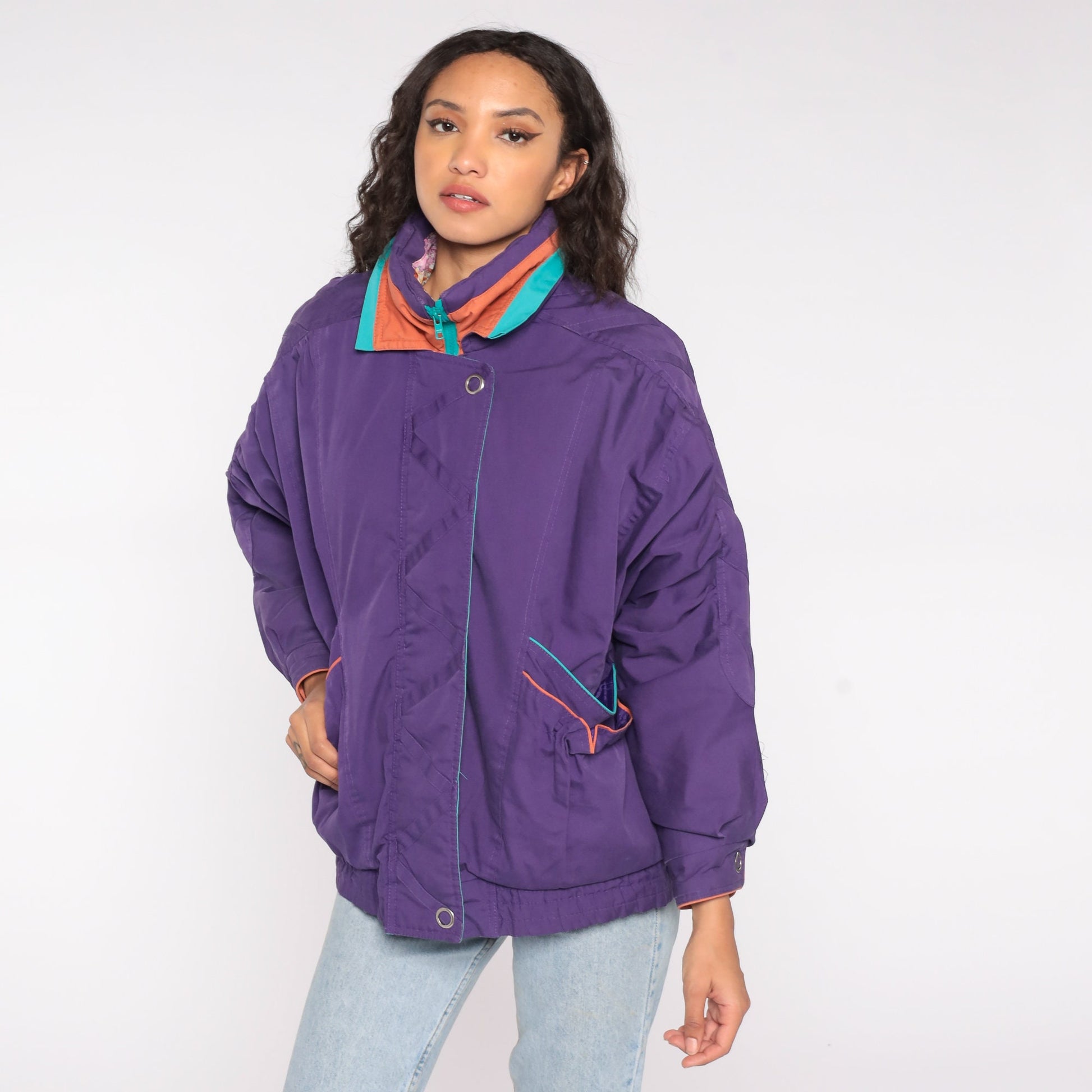90s Purple Windbreaker Jacket Turquoise Orange Piping Zip Up Medium